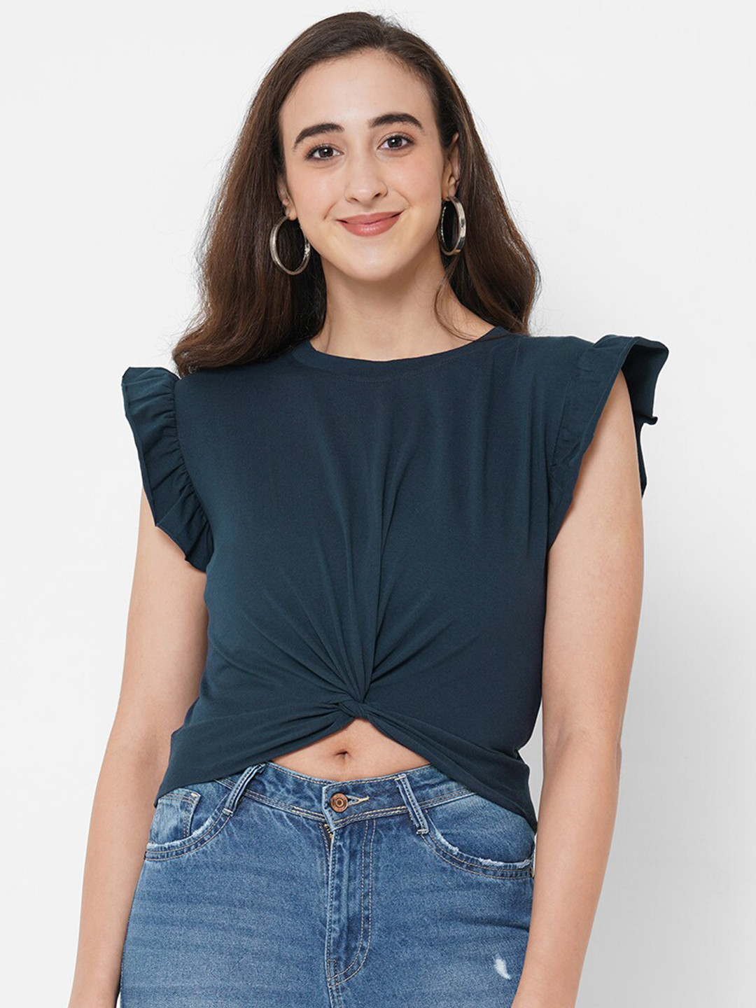 

PAPA BRANDS Navy Blue Solid Pure Cotton Crop Top