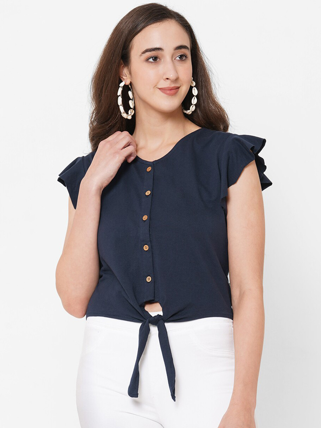 

PAPA BRANDS Navy Blue Solid Flared Sleeves Pure Cotton Top