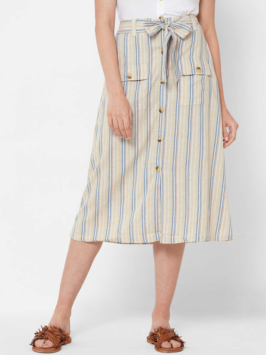 

PAPA BRANDS Women Beige & Blue Striped High-Rise Midi Skirt