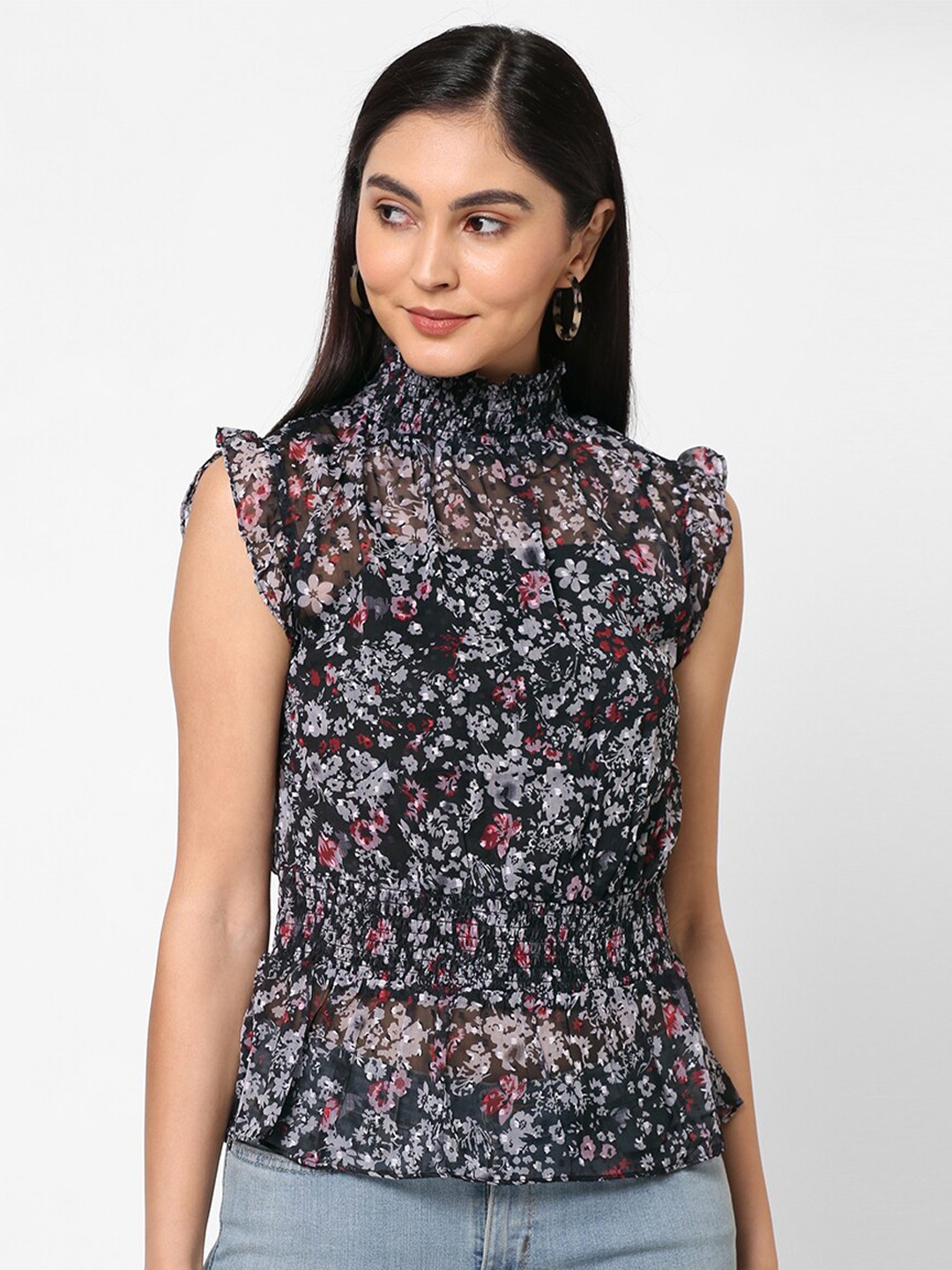 

PAPA BRANDS Black Floral Print Top