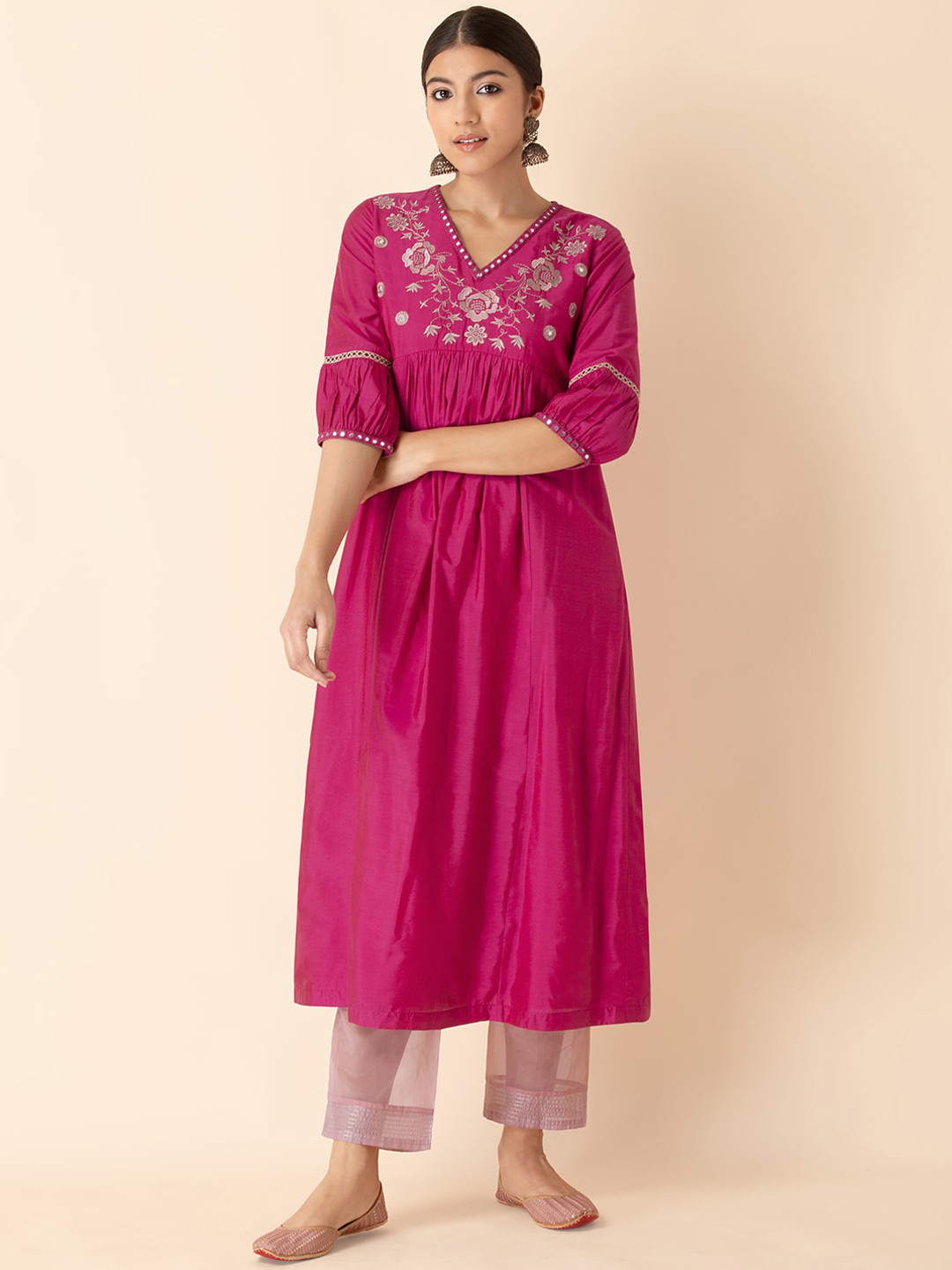 

Earthen BY INDYA Women Pink Ethnic Motifs Embroidered Chikankari Anarkali Kurta