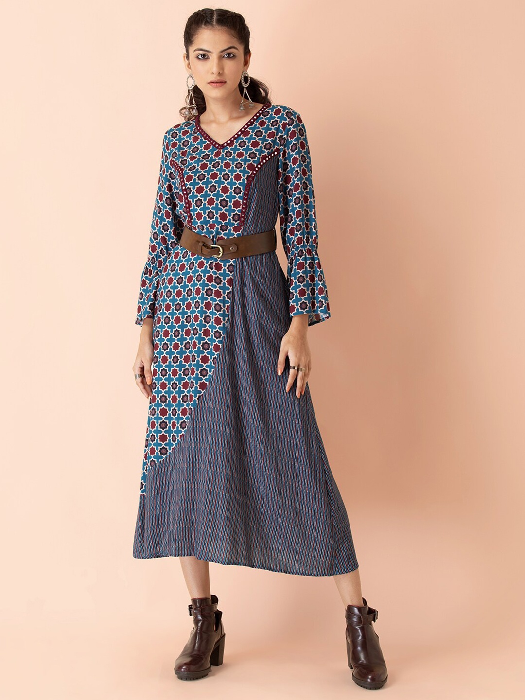 

Earthen BY INDYA Blue Ethnic Motifs Ethnic A-Line Midi Dress