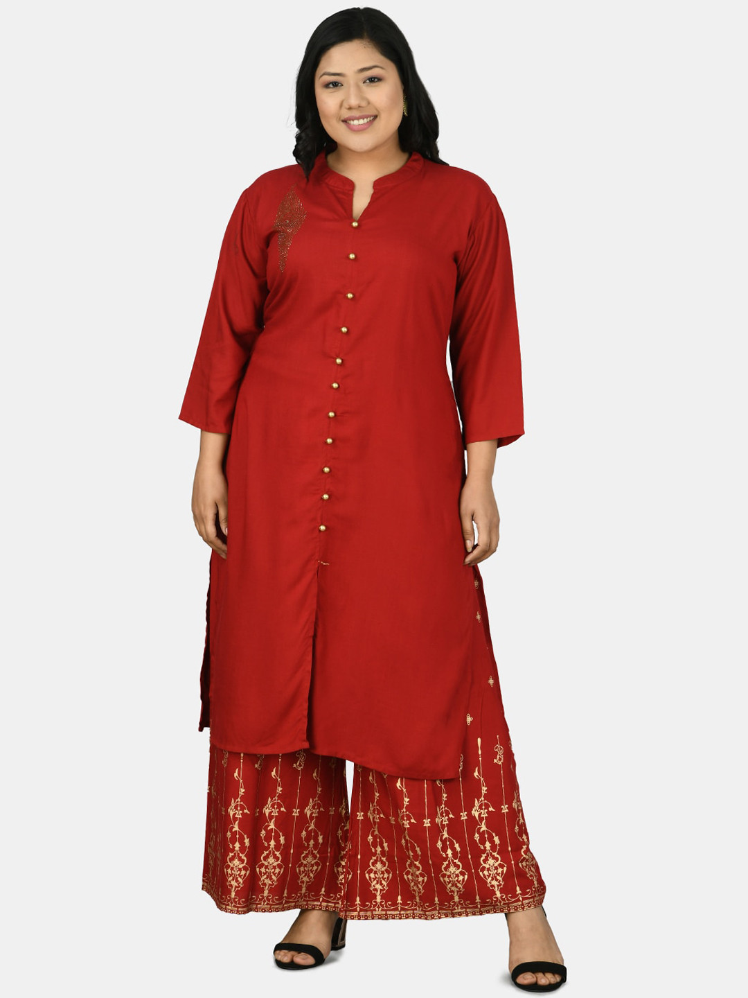 

PrettyPlus by Desinoor.com Women Maroon High Slit Kurta with Palazzos