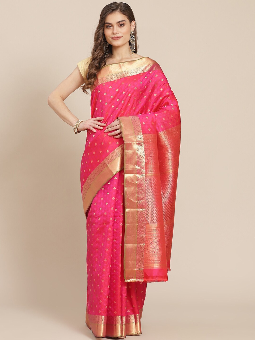 

Meena Bazaar Fuchsia & Gold-Toned Woven Design Pure Silk Banarasi Saree