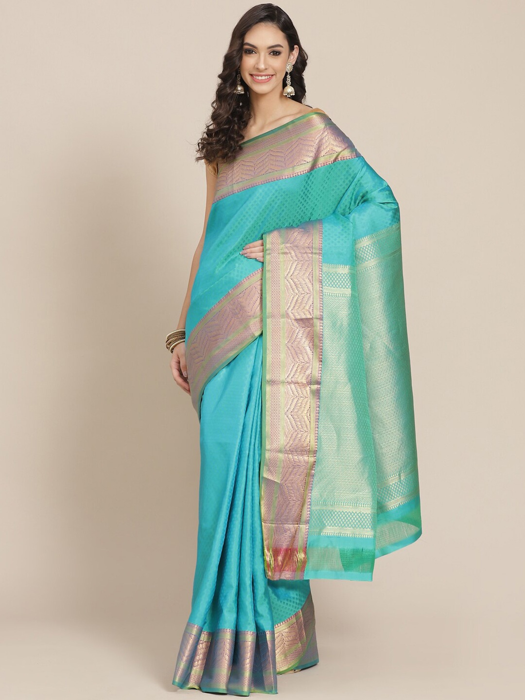

Meena Bazaar Teal & Gold-Toned Woven Design Zari Pure Silk Kanjeevaram Saree