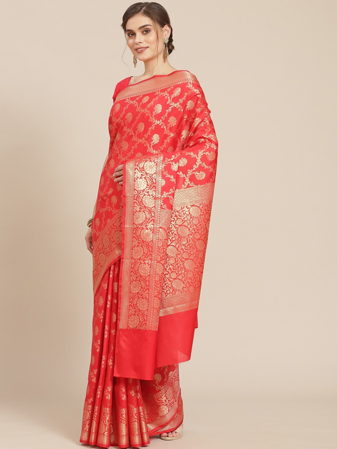 

Meena Bazaar Red & Gold-Toned Woven Design Banarasi Saree