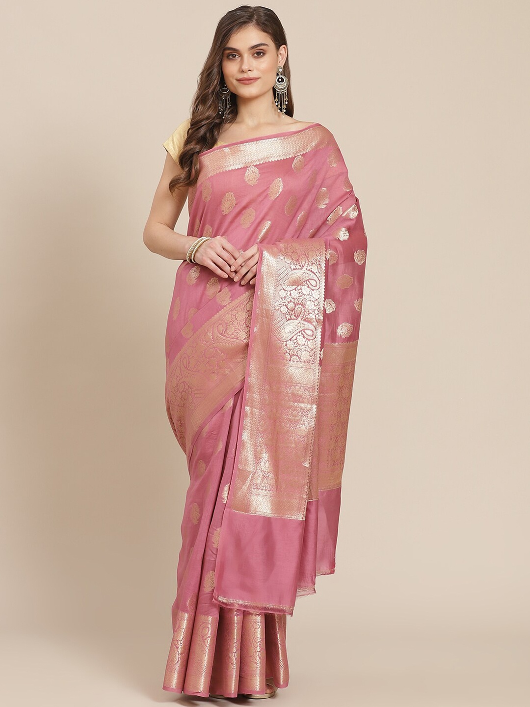 

Meena Bazaar Pink & Gold-Toned Woven Design Zari Pure Cotton Banarasi Saree