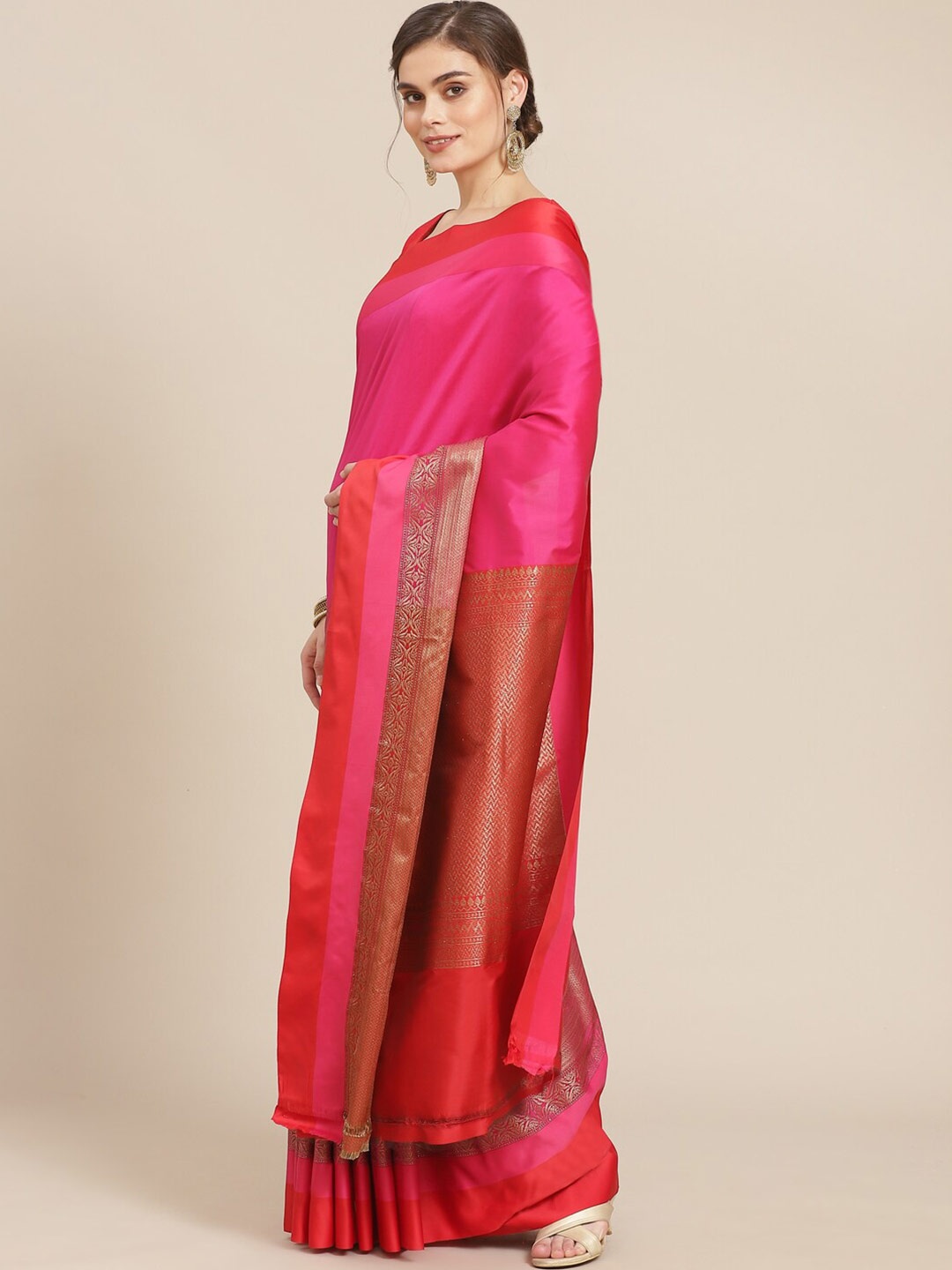 

Meena Bazaar Fuchsia & Gold-Toned Zari Pure Cotton Banarasi Saree