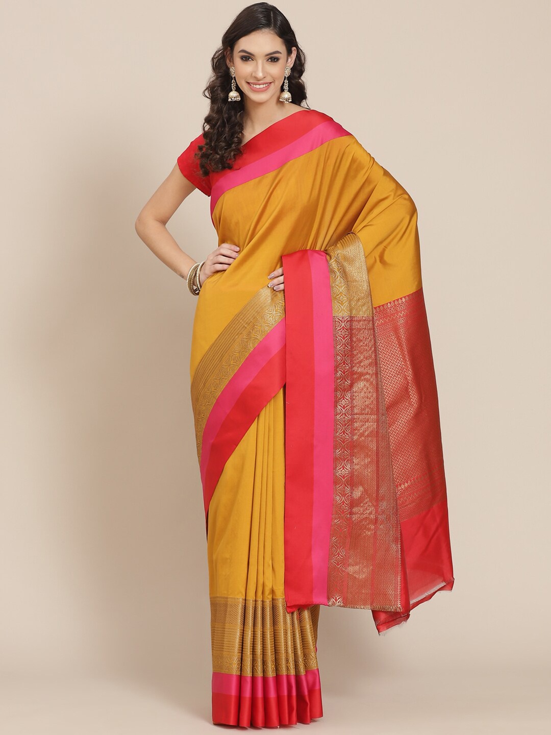 

Meena Bazaar Mustard & Gold-Toned Zari Pure Cotton Banarasi Saree