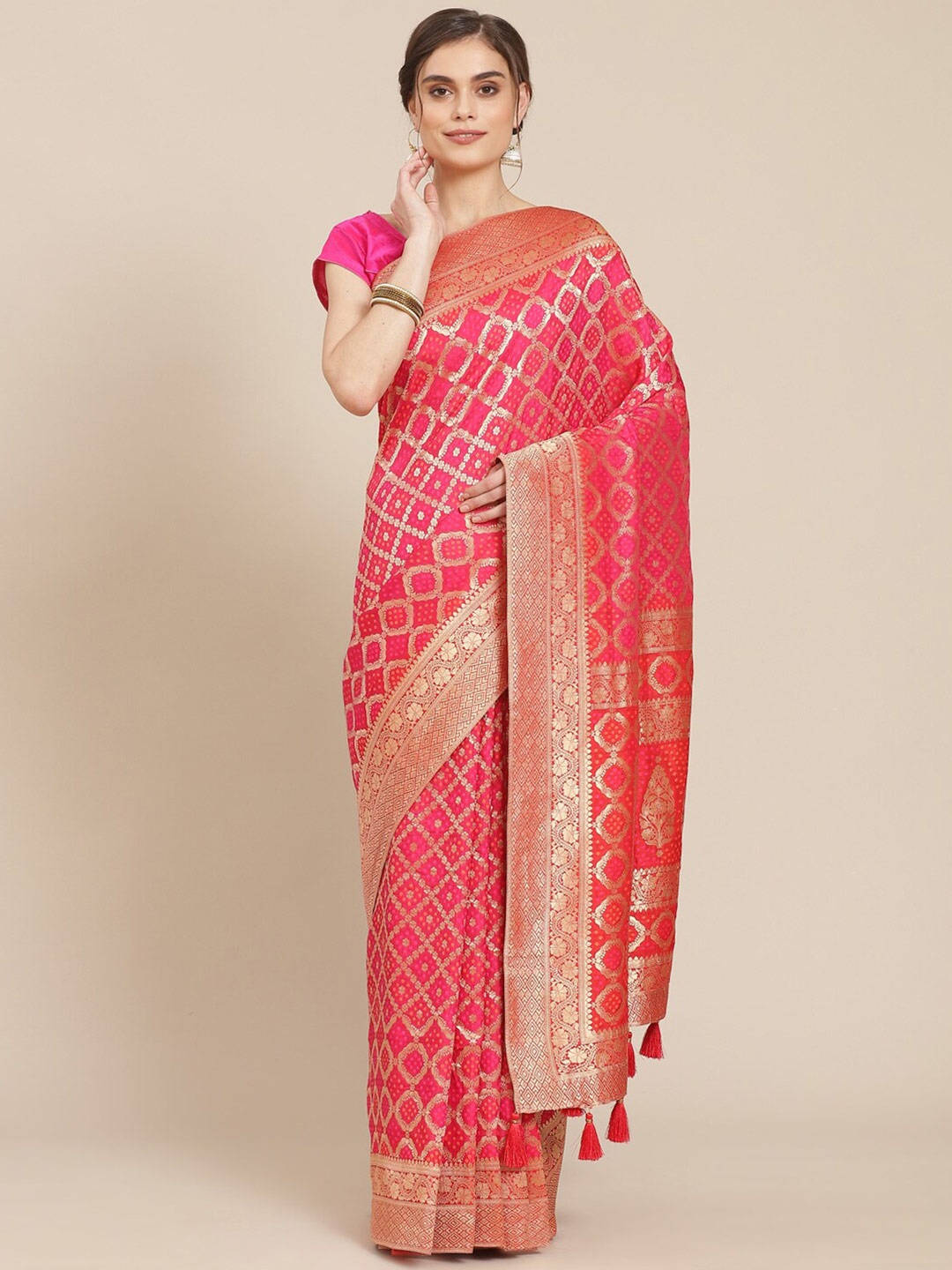 

Meena Bazaar Fuchsia & Gold Ethnic Motifs Zari Silk Blend Banarasi Saree