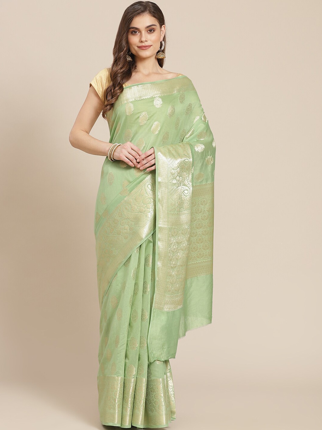 

Meena Bazaar Green & Gold-Toned Woven Design Zari Pure Cotton Banarasi Saree