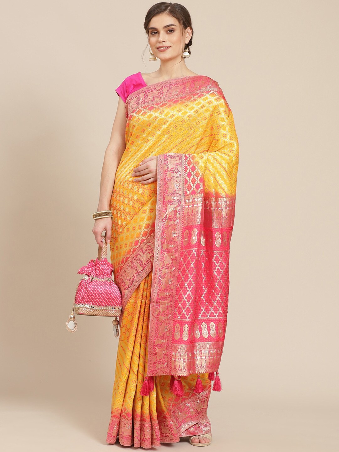 

Meena Bazaar Fuchsia & Yellow Woven Design Banarasi Saree