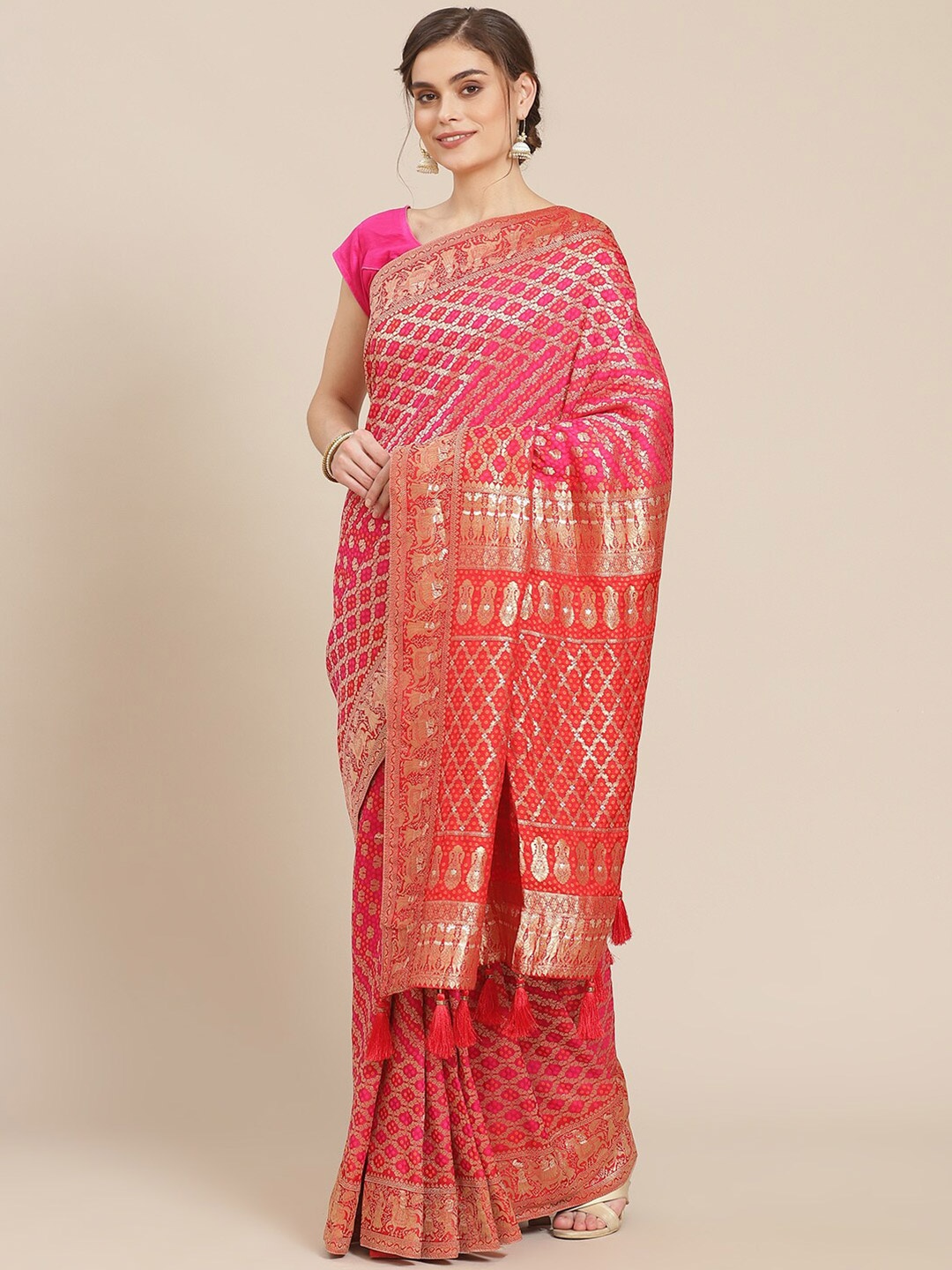 

Meena Bazaar Fuchsia & Gold-Toned Ethnic Motifs Zari Silk Blend Banarasi Saree