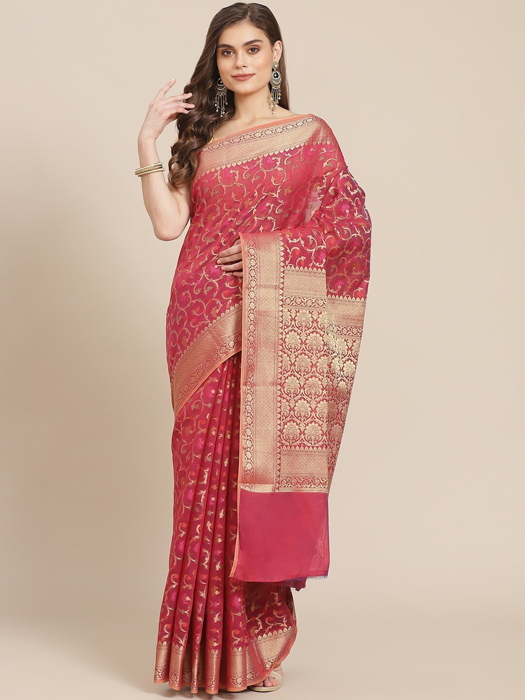 

Meena Bazaar Burgundy & Gold-Toned Woven Design Zari Pure Cotton Banarasi Saree