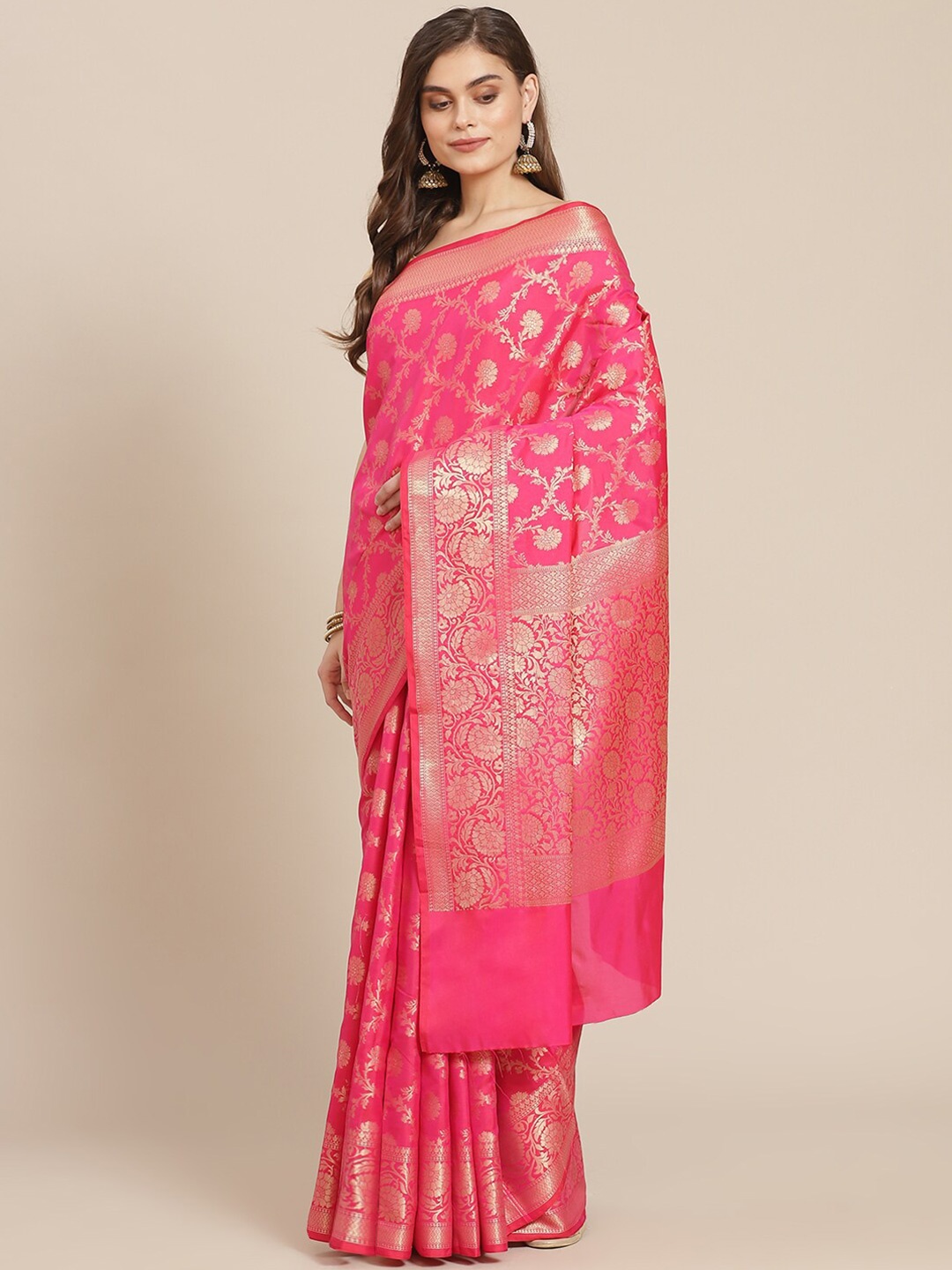 

Meena Bazaar Fuchsia & Gold-Toned Woven Design Zari Pure Cotton Banarasi Saree