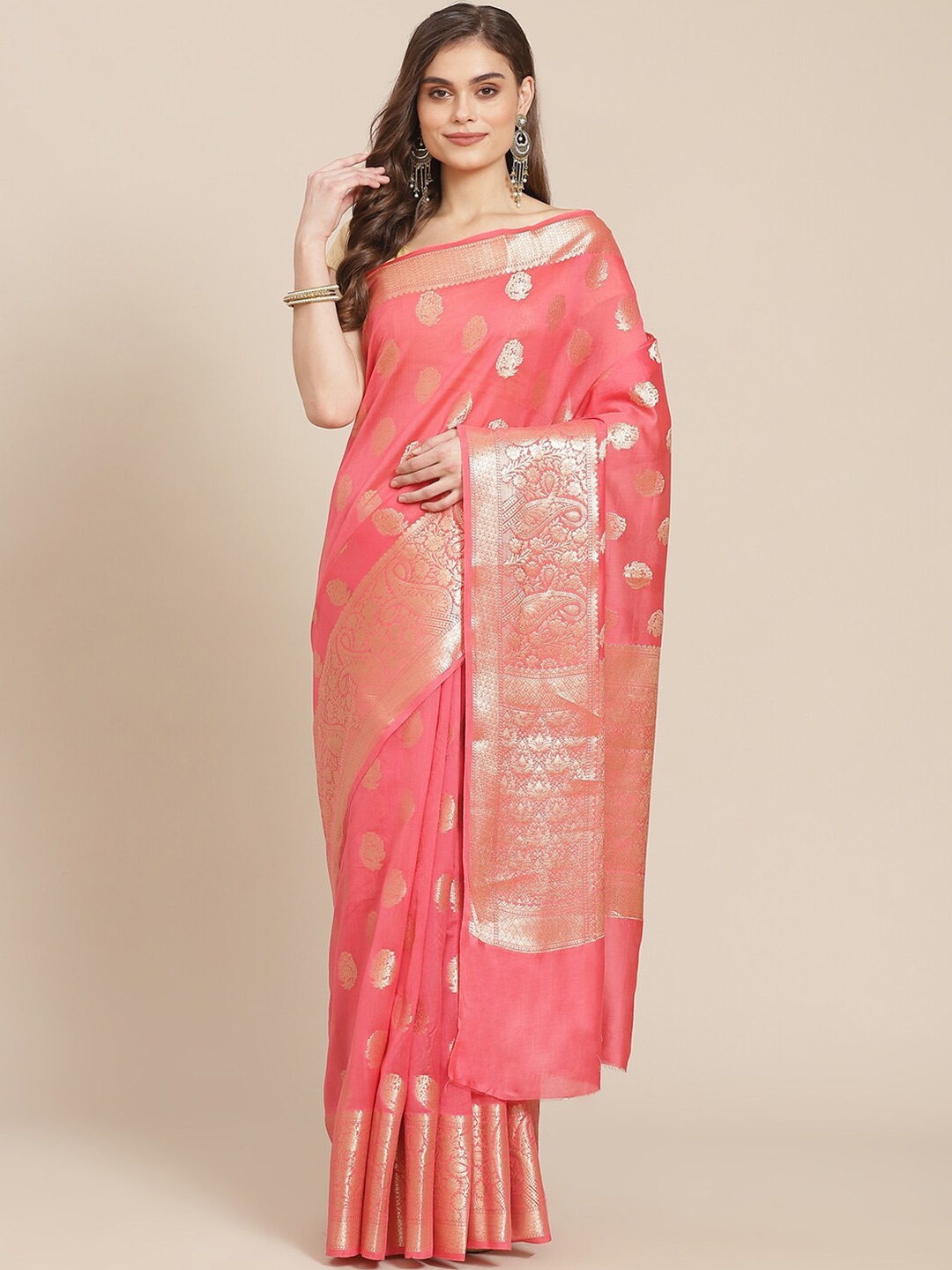 

Meena Bazaar Pink & Gold-Toned Woven Design Zari Pure Cotton Banarasi Saree
