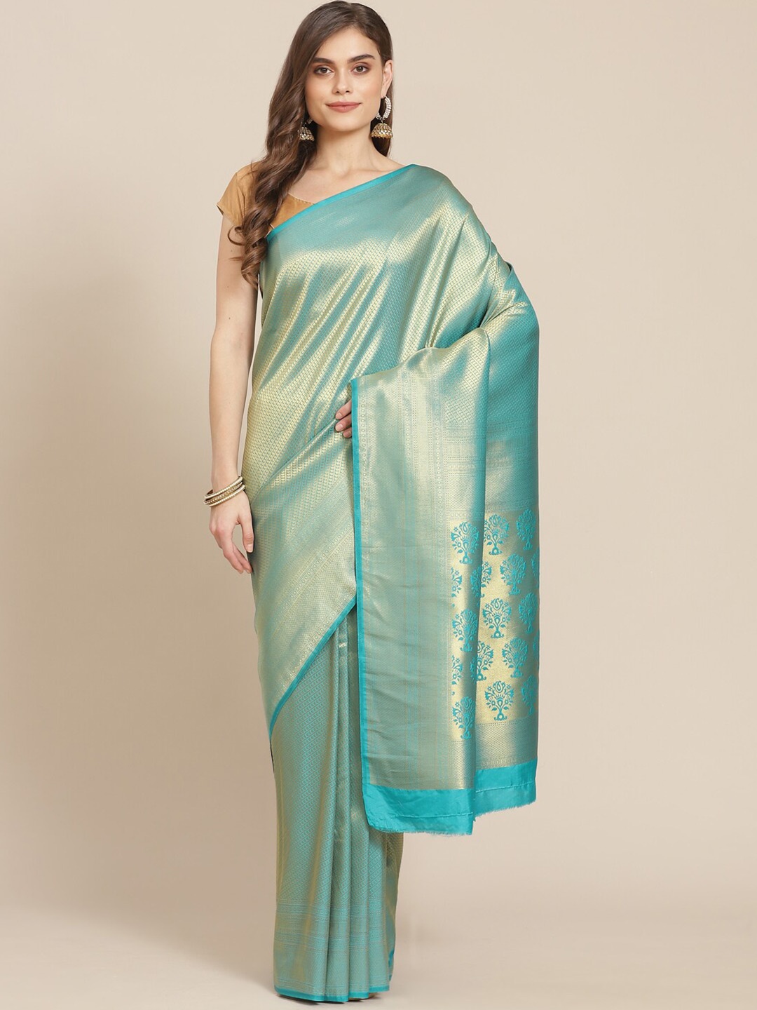 

Meena Bazaar Teal & Gold-Toned Ethnic Motifs Zari Brocade Banarasi Saree