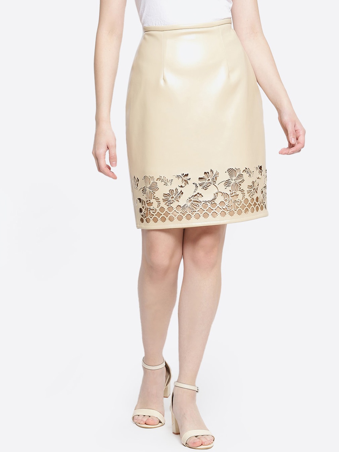 

radka Women Cream-Coloured Cutwork Pencil Above Knee Skirt