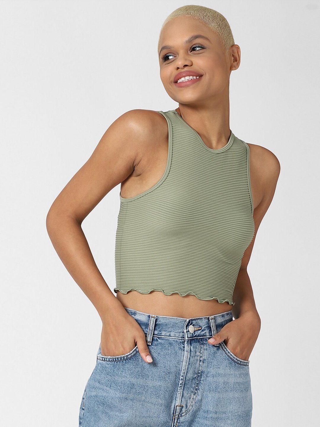 

FOREVER 21 Olive Green Ribbed Crop Tank Top