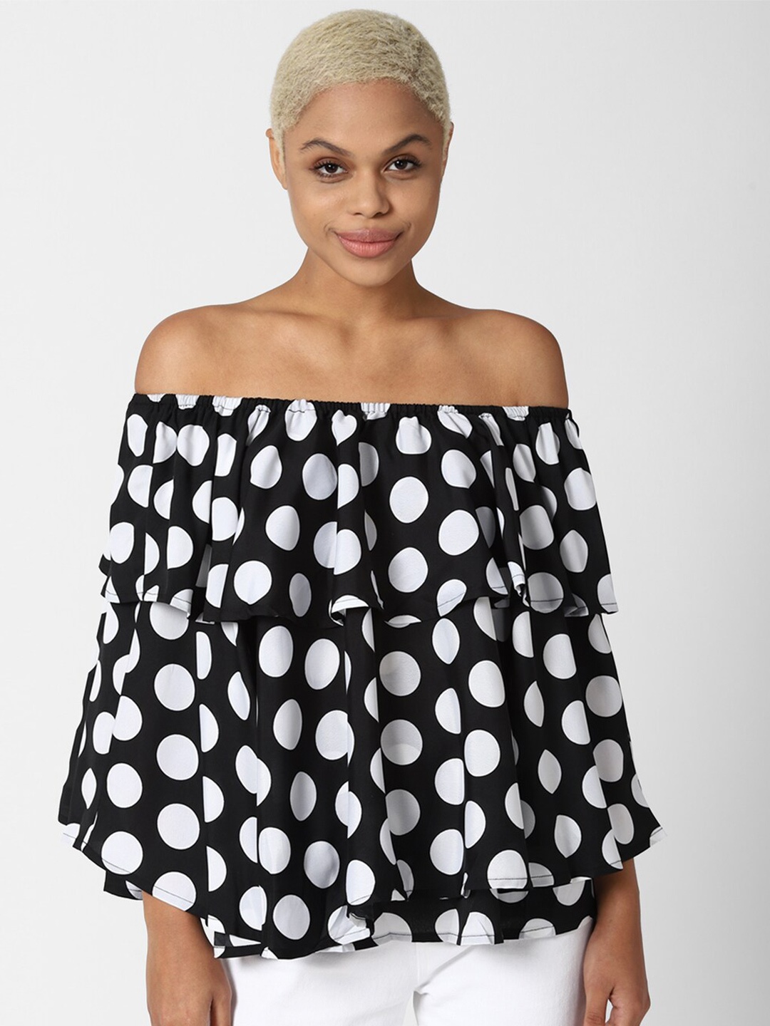 

FOREVER 21 Black Print Off-Shoulder Bardot Top