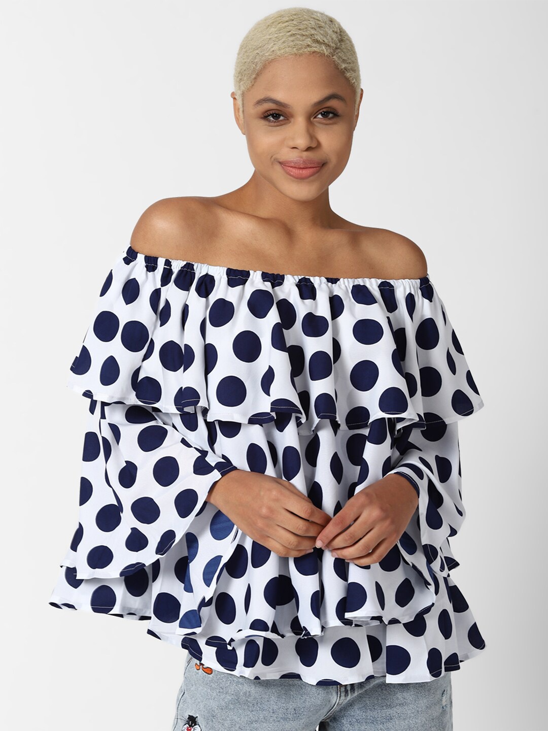 

FOREVER 21 Blue Print Off-Shoulder Bardot Top