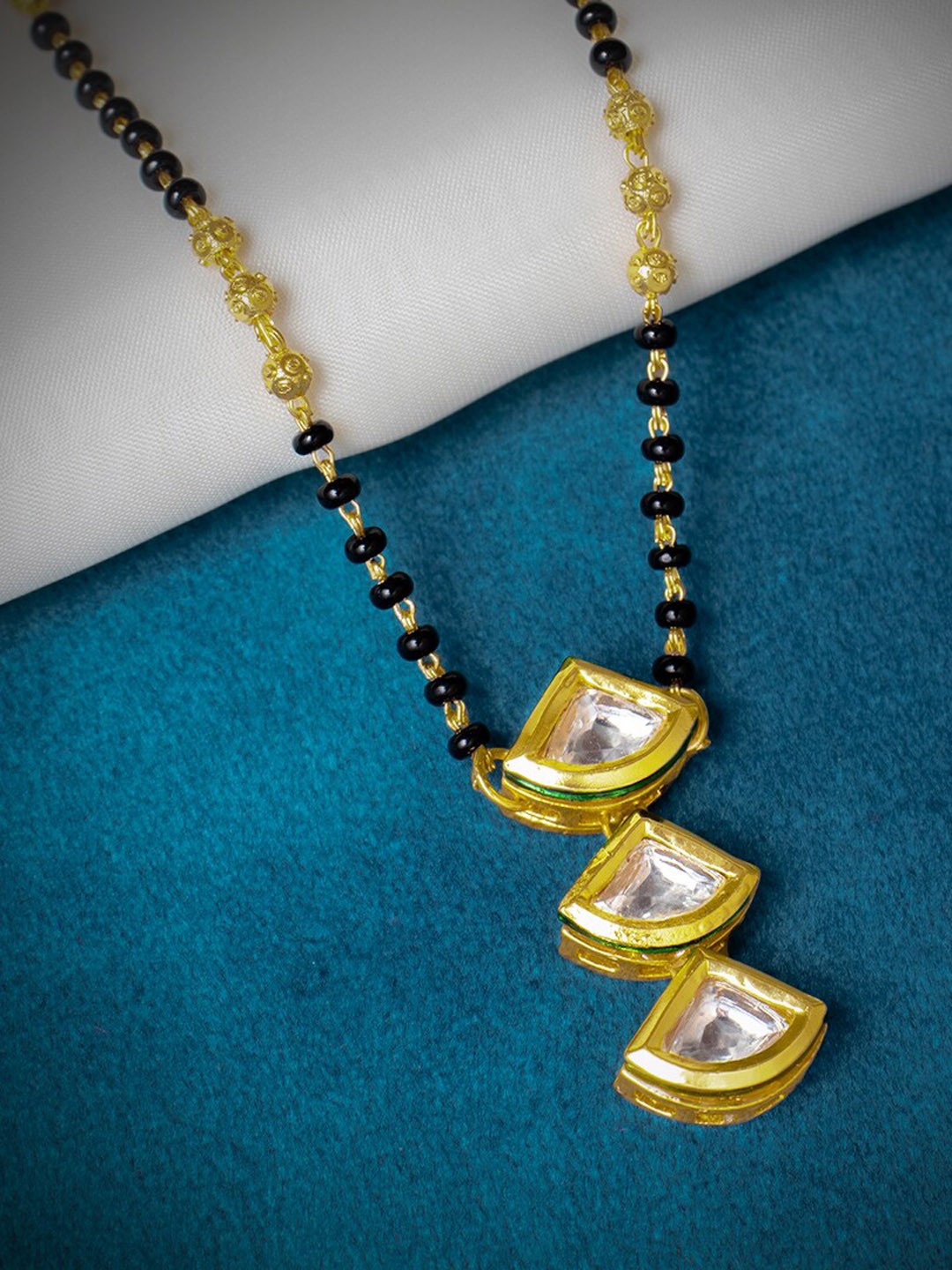 

MORKANTH JEWELLERY Gold-Plated White & Black Stone Studded & Beaded Mangalsutra