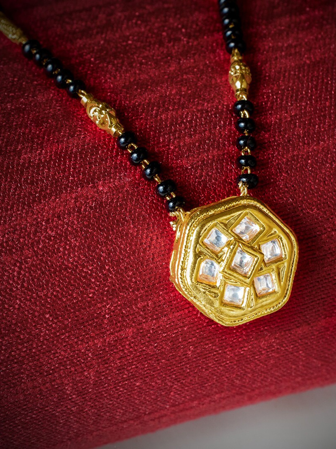 

MORKANTH JEWELLERY Gold-Plated Black & White Studded & Beaded Mangalsutra