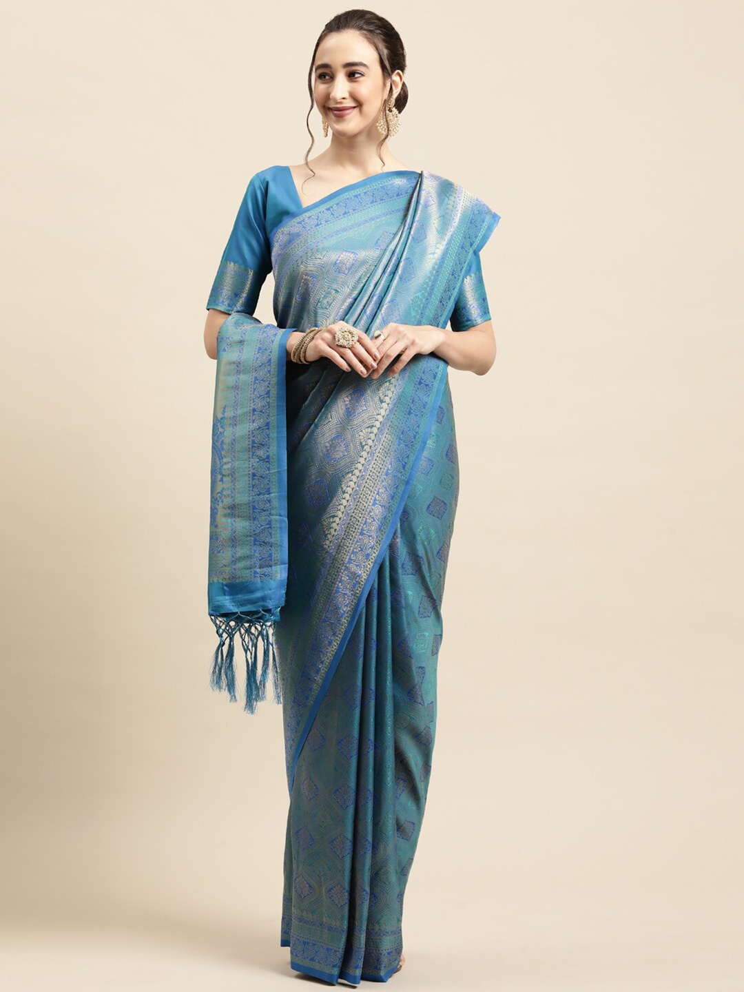 

Saree mall Blue Ethnic Motifs Zari Silk Blend Banarasi Sarees