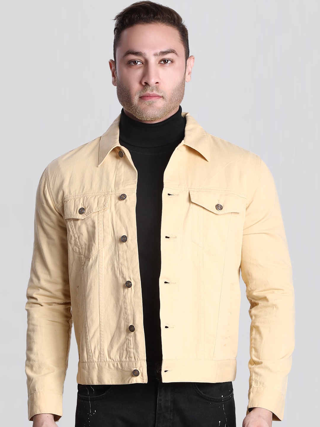 

Dream of Glory Inc Men Khaki Colourblocked Lightweight Crop Outdoor Denim Jacket with Embroidered