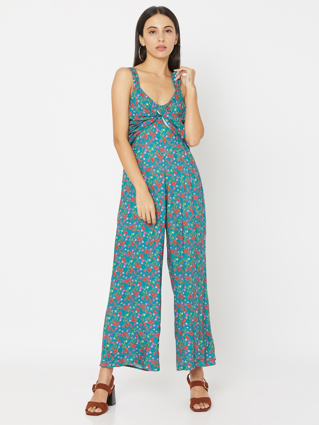 

SPYKAR Women Blue & Pink Printed Sweetheart Neck Basic Jumpsuit