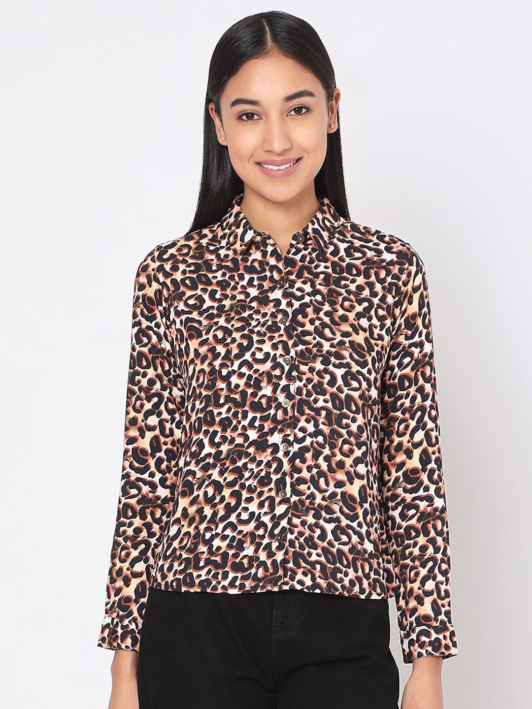 

SPYKAR White & Brown Animal Print Shirt Style Top