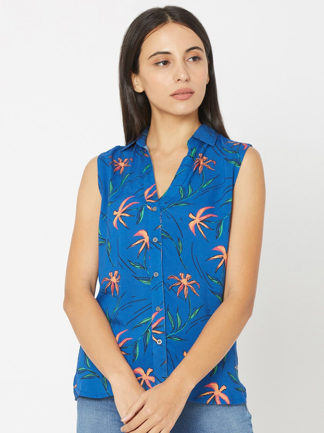 

SPYKAR Blue & Orange Tropical Print Tropical Shirt Style Top