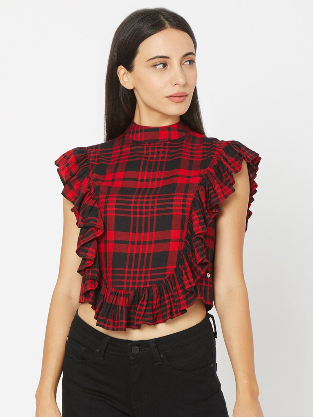 

SPYKAR Red Checked Styled Back Crop Top