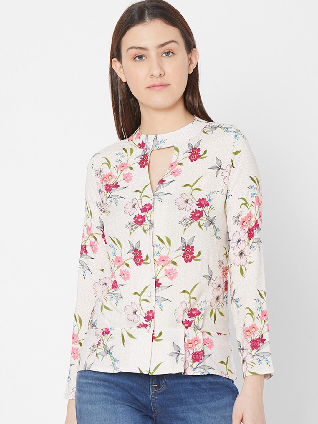 

SPYKAR Beige Floral Print Keyhole Neck Top