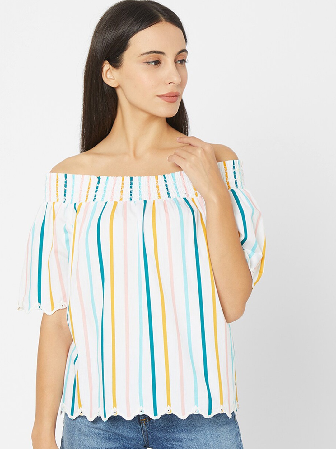 

SPYKAR White Striped Off-Shoulder Bardot Top