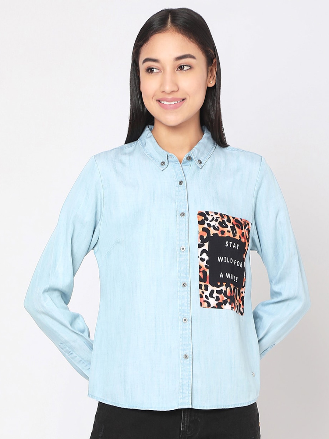 

SPYKAR Blue Print Linen Shirt Style Top