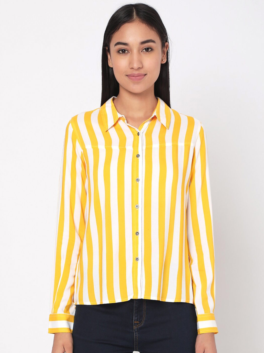 

SPYKAR Yellow & White Striped Shirt Style Top