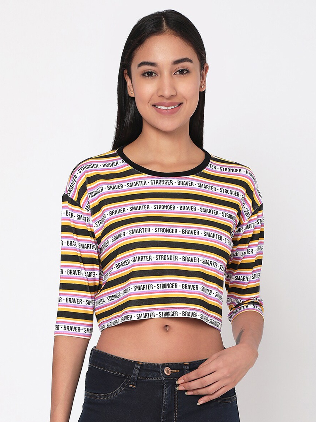 

SPYKAR Women Pink & Yellow Typography Slim Fit Pure Cotton T-shirt