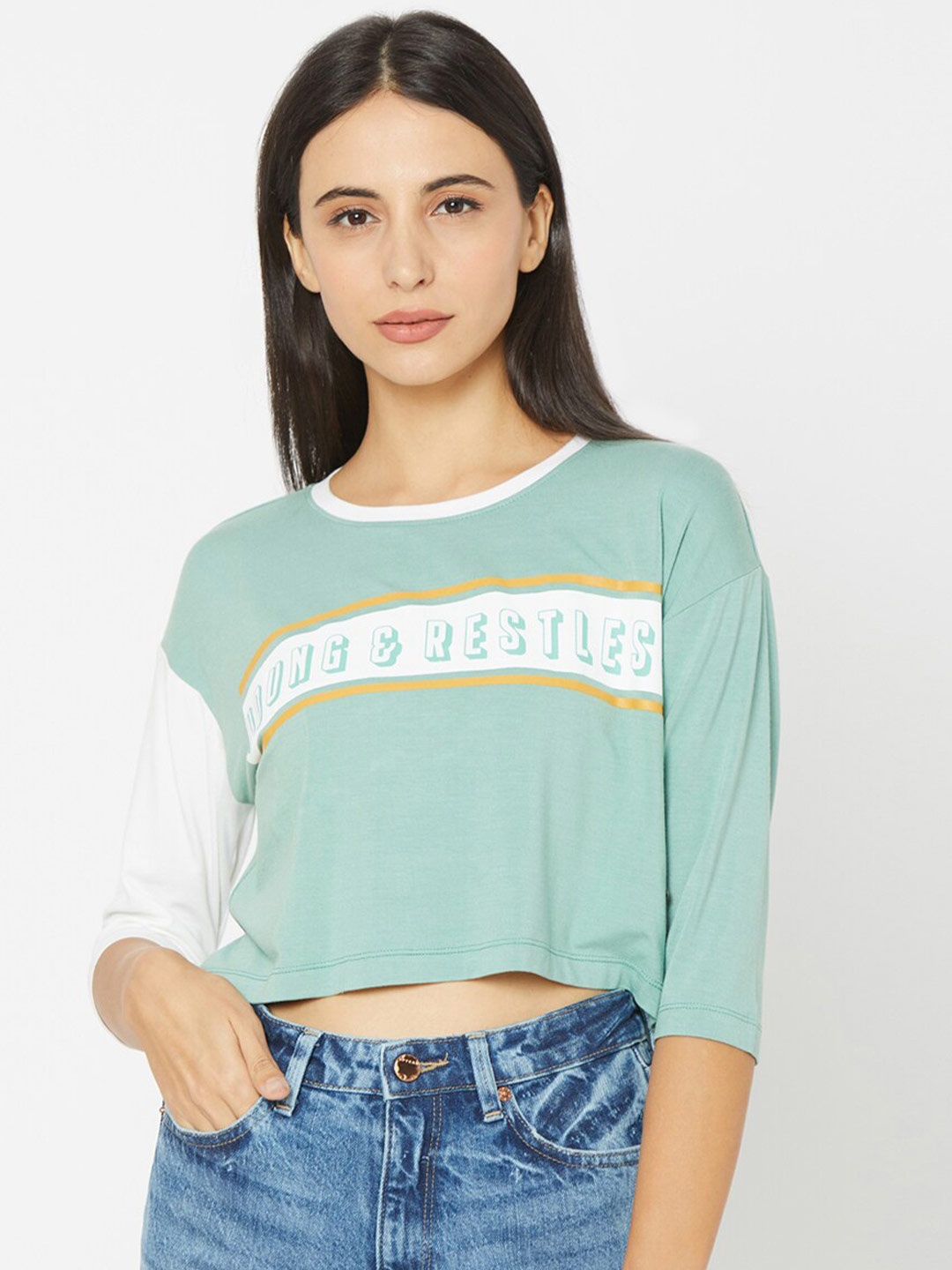

SPYKAR Women Green & White Typography Printed Slim Fit Pure Cotton T-shirt