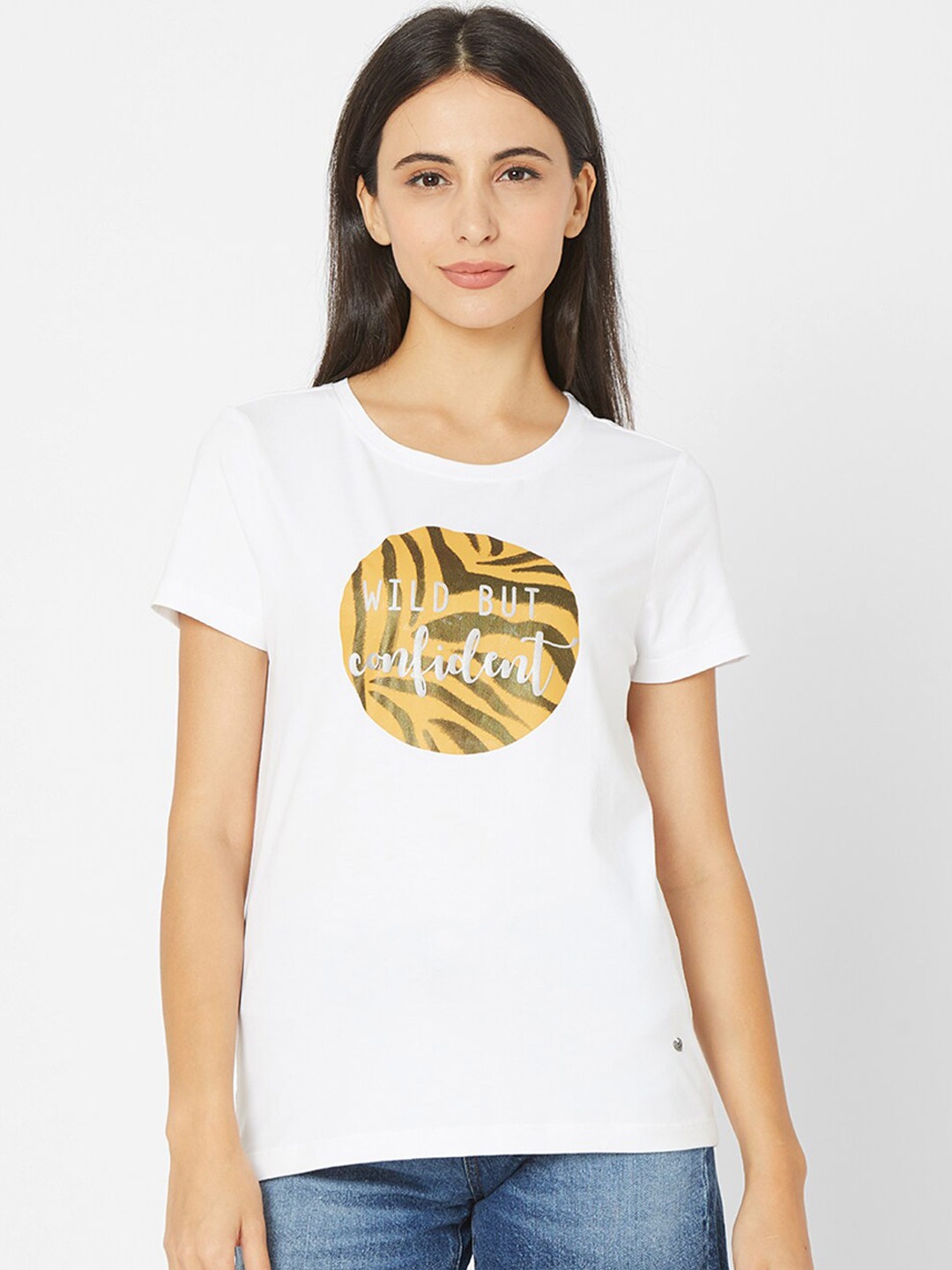 

SPYKAR Women White Printed Cotton T-shirt