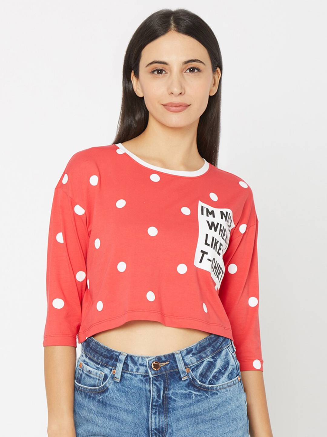 

SPYKAR Women Red Typography Printed Applique Slim Fit T-shirt