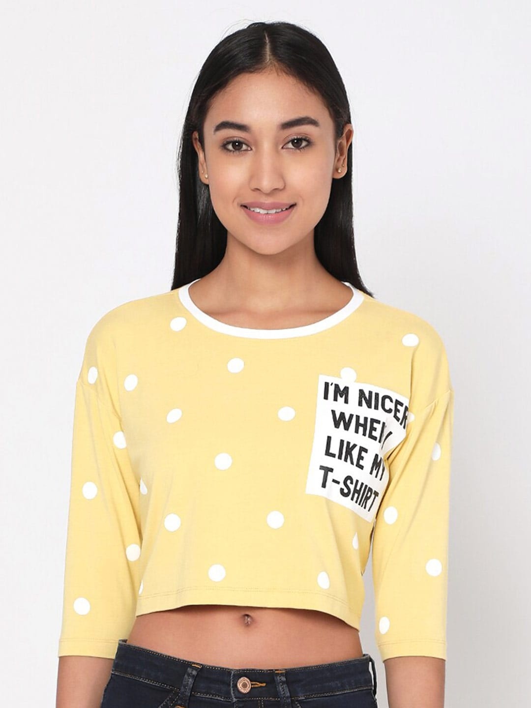 

SPYKAR Women Yellow & White Printed Drop-Shoulder Sleeves Slim Fit Pure Cotton T-shirt