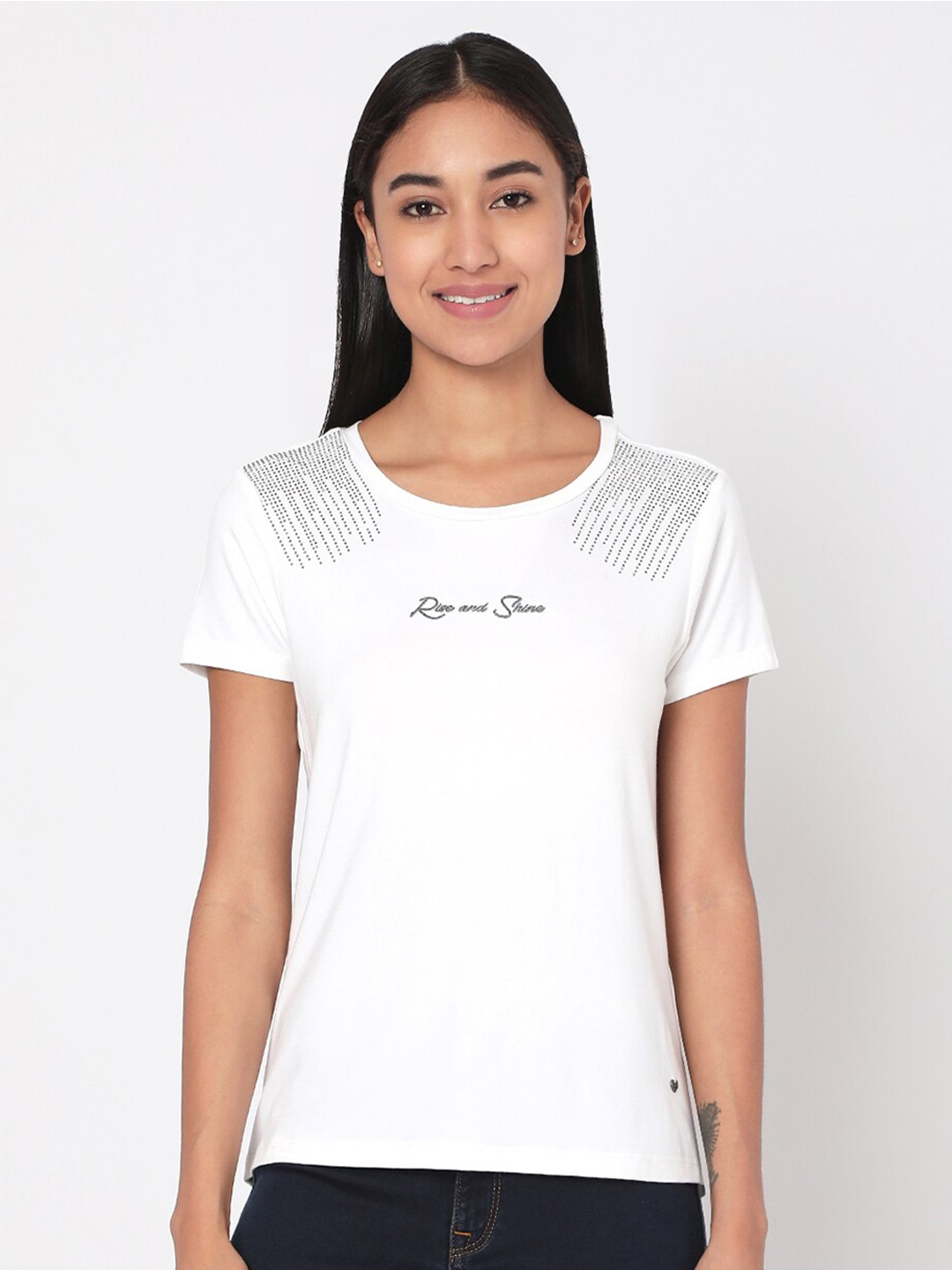 

SPYKAR Women White Embellished T-shirt