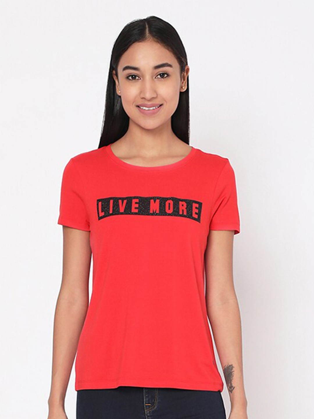 

SPYKAR Women Orange & Red Typography Printed Pure Cotton T-shirt