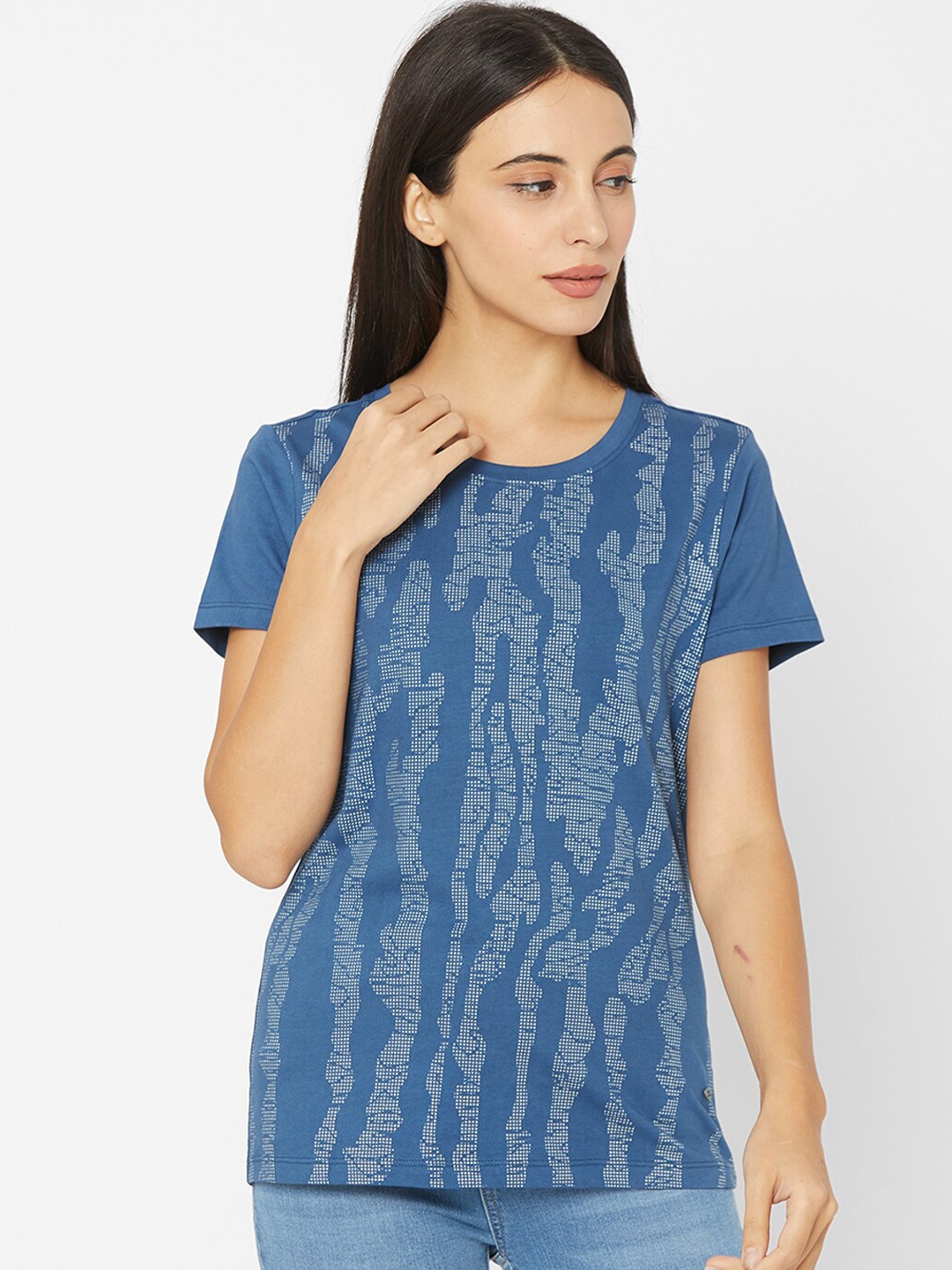 

SPYKAR Women Navy Blue & White Printed Pure Cotton T-shirt