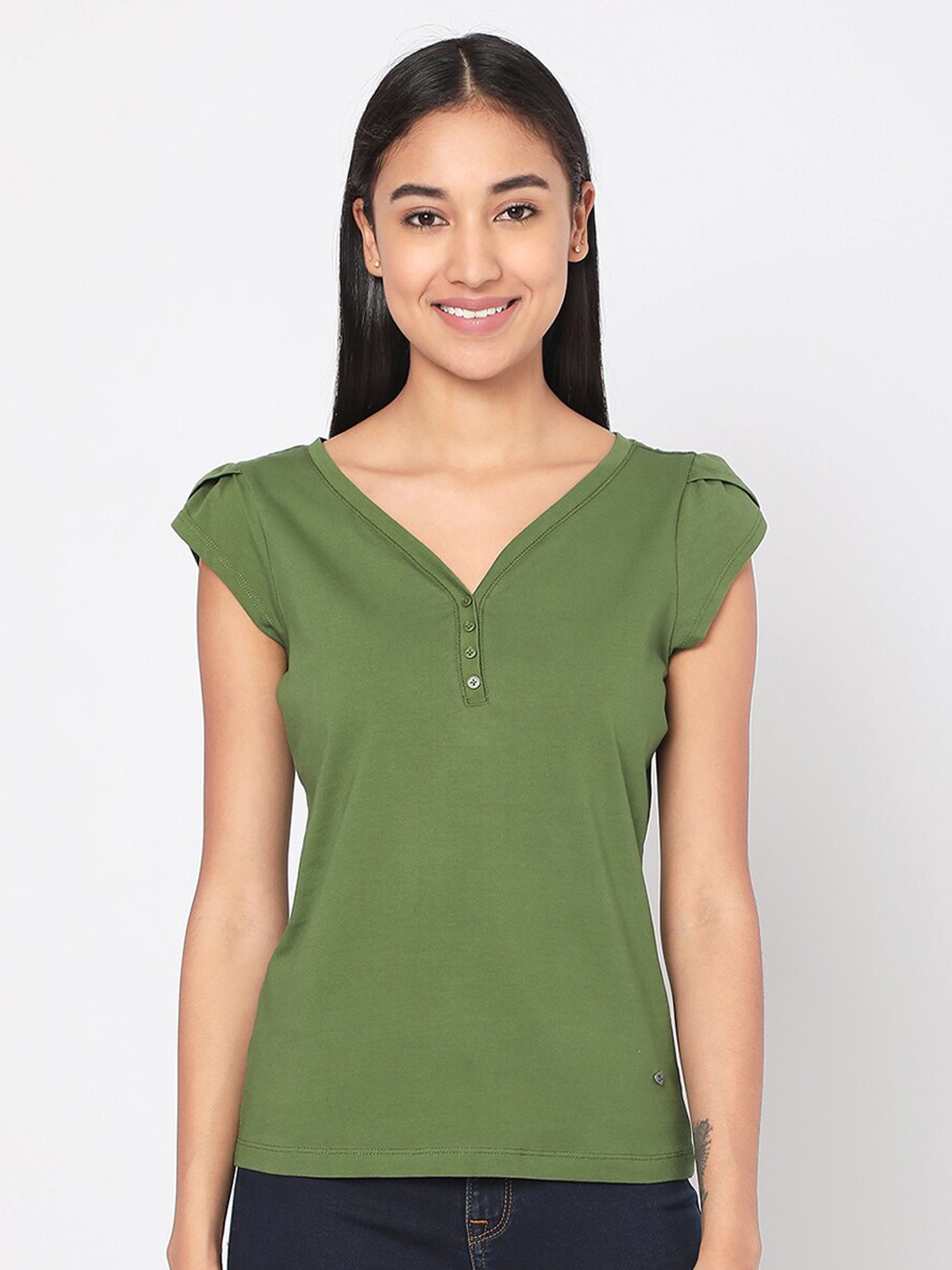 

SPYKAR Women Green V-Neck Pure Cotton T-shirt