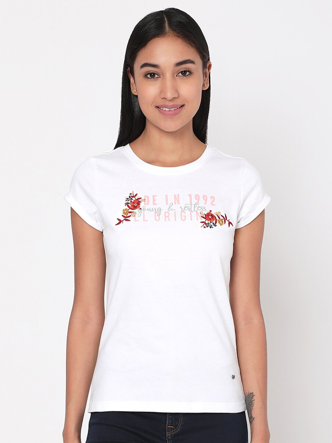 

SPYKAR Women White Slim Fit Embroidered T-shirt