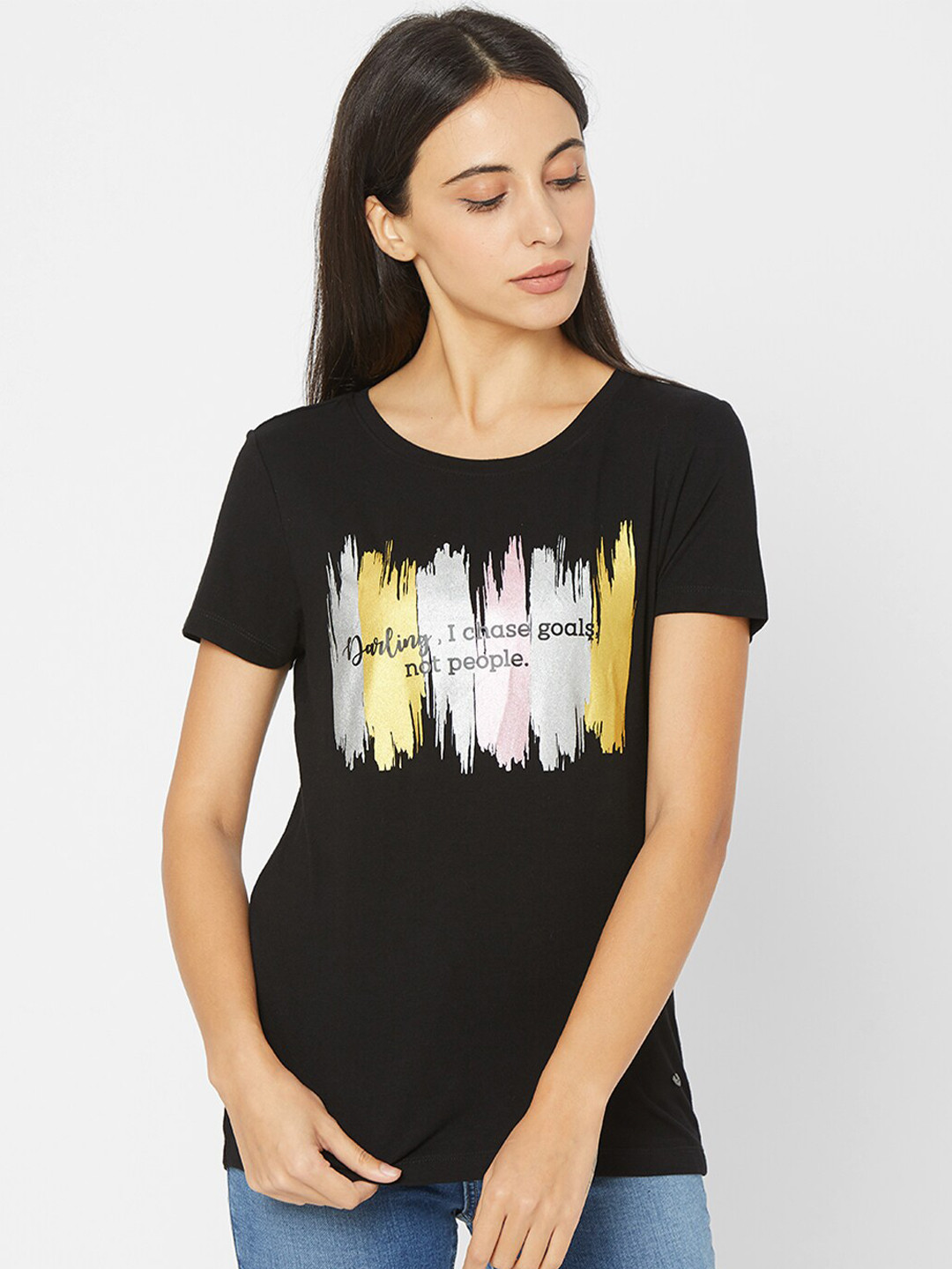 

SPYKAR Women Black & Silver-Toned Typography Printed Pure Cotton T-shirt