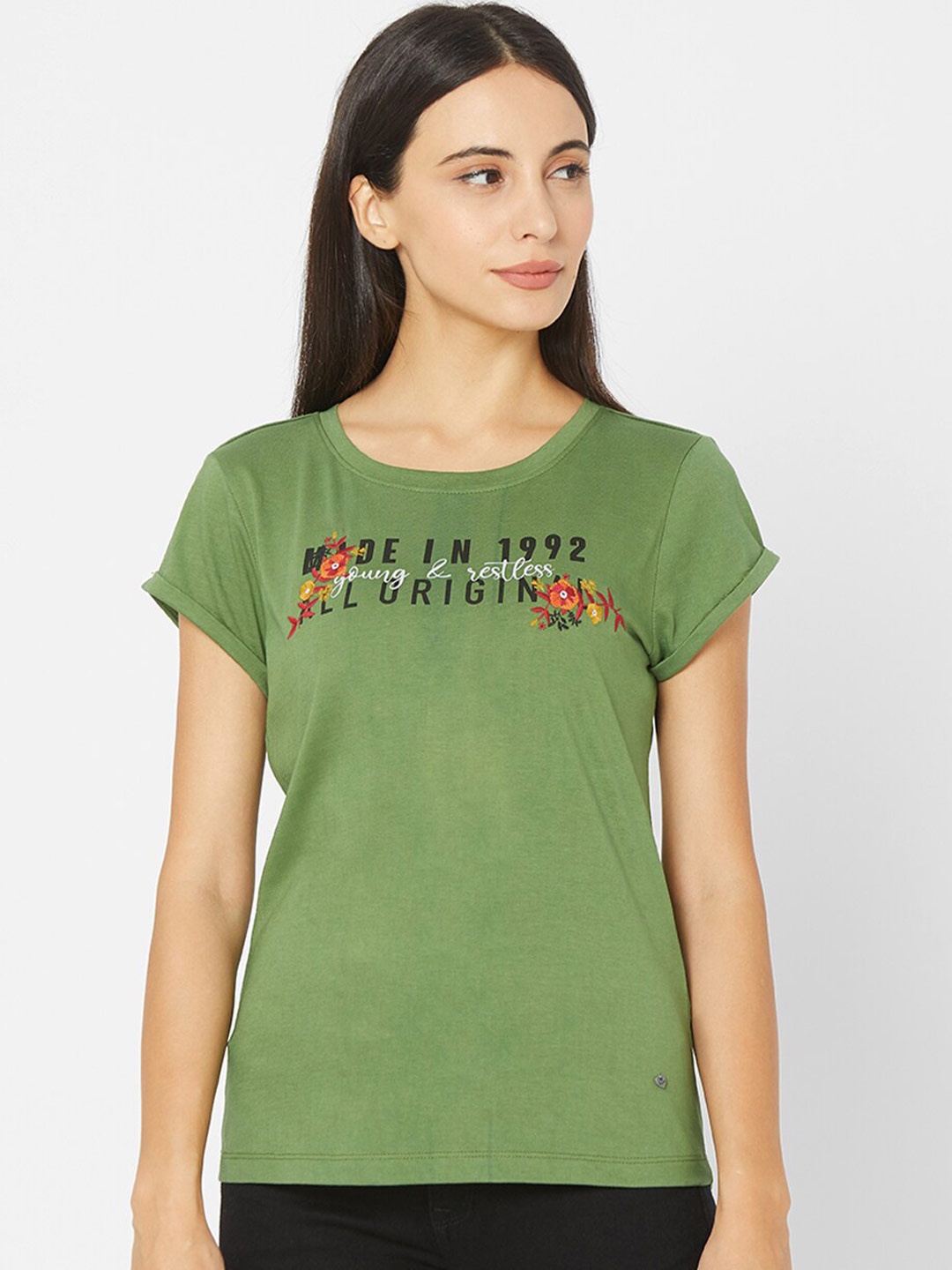 

SPYKAR Women Green & Black Typography Printed Slim Fit Pure Cotton T-shirt