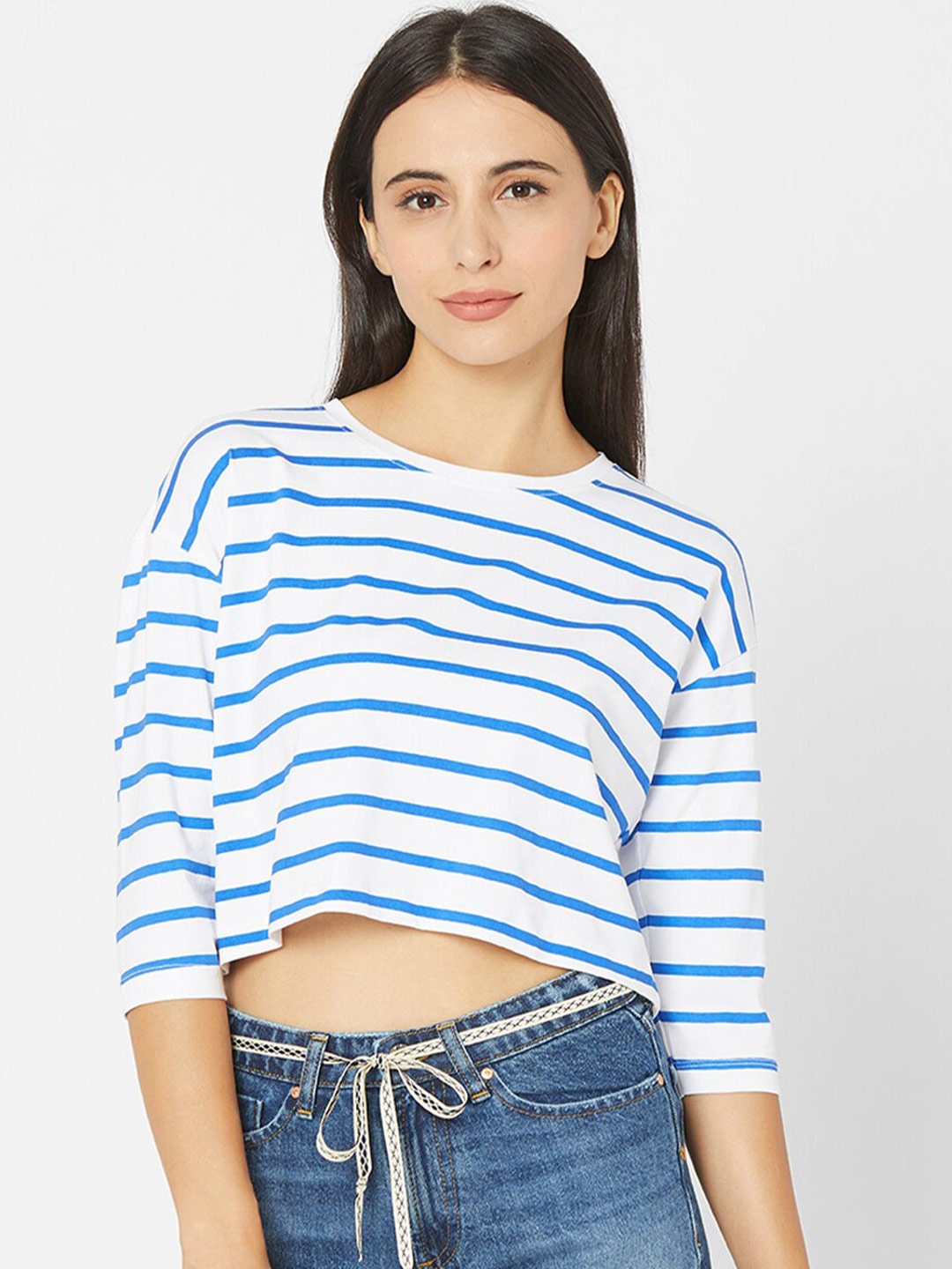 

SPYKAR Women Blue Striped Slim Fit T-shirt